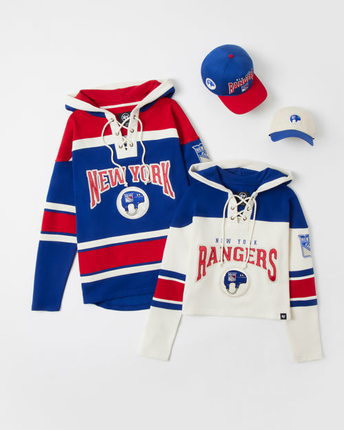 New York sports team-themed hoodies and hats on a white background. Two lacer sweatshirts and two hats.
