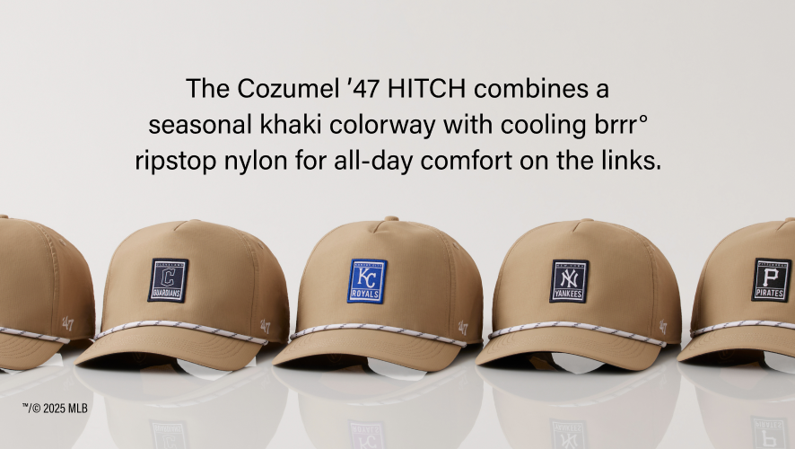Row of tan baseball caps with logos on a white background. The Cozumel '47 HITCH combines a seasonal khaki colorway with cooling brr ripstop nylon for all day comfort on the links.