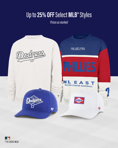 MLB branded sweatshirt, cap, and hat on a white background with promotional text.UP TO 25% MLB styles- price as marked.