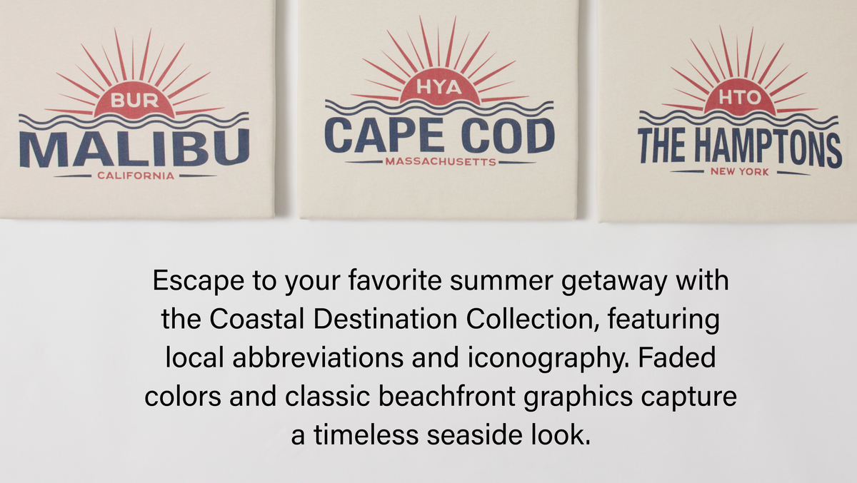 three tee shirts next to each other- Escape to your favorite summer getaway with the coastal destination collection, featuring local abbreviations and iconography. Faded colors and classic beachfront graphics capture a timeless seaside look.