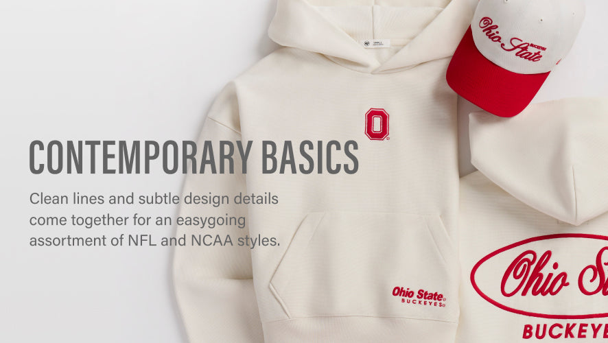 White hoodie with Ohio State Buckeyes logo and text on a white background. CONTEMPORARY BASICS. Clean lines and subtle design details come together for an easygoing assortment of NFL and NCAA styles.
