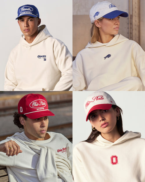 Four individuals wearing branded caps and hoodies in a grid layout.