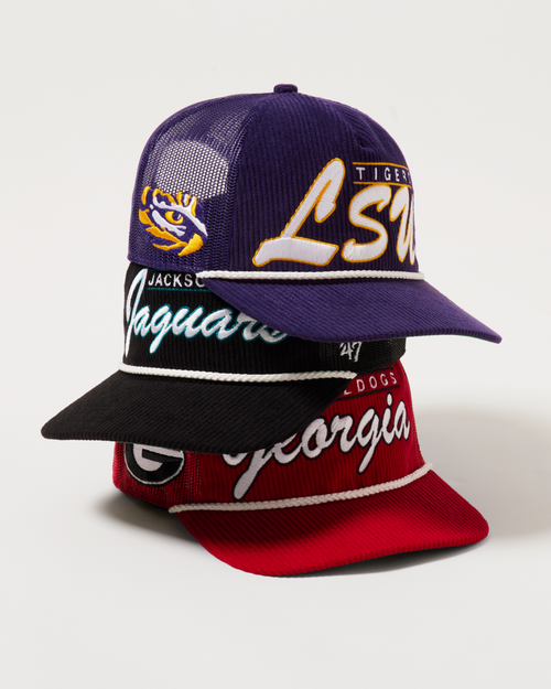 Two baseball caps, one purple with white text and logos, the other red with white text and logos, on a light gray background.