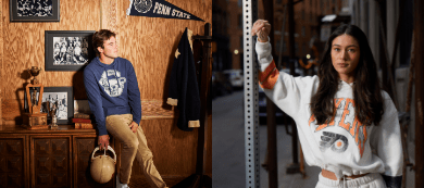 Split image featuring a man in a Penn State hoodie with retro décor and a woman in a Flyers crewneck sweatshirt on a city street, both in ‘47 Brand gear.