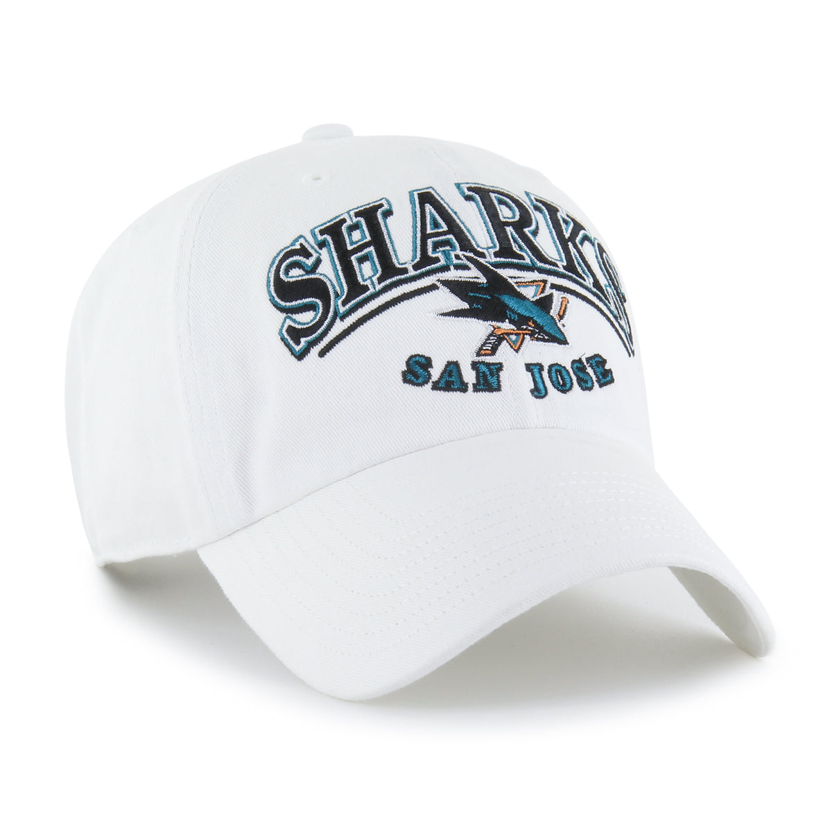 San Jose Sharks white hat from ‘47 Brand featuring teal and black logo embroidery on front, in classic curved brim dad hat style.