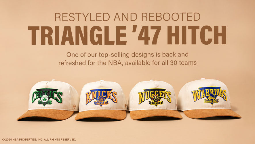 Four Triangle ‘47 Hitch caps featuring Celtics, Knicks, Nuggets, and Warriors logos on cream and suede-brim styles.