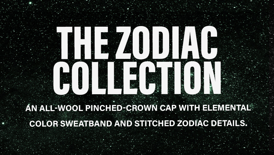 Graphic for the Zodiac Collection with bold white text on a starry night sky background, describing wool caps with elemental colors.