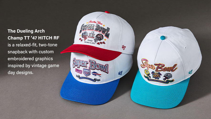 The Dueling Arch Champ TT '47 HITCH RF is a relaxed-fit, two-tone snapback with custom embroidered graphics inspired by vintage game day designs.