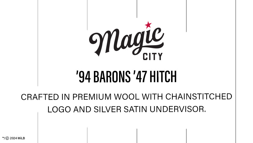 Magic City. '94 Barons '47 Hitch. Crafted in premium wool with chainstitched logo and silver satin undervisor. 