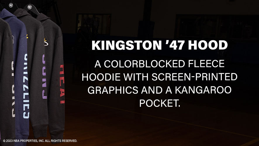 Kingston '47 Hood. A colorblocked fleece hoodie with screen-printed graphics and a kangaroo pocket.