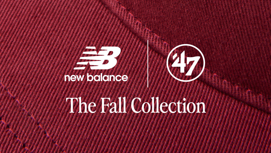 Red fabric with New Balance and 47 brand logos and 'The Fall Collection' text.