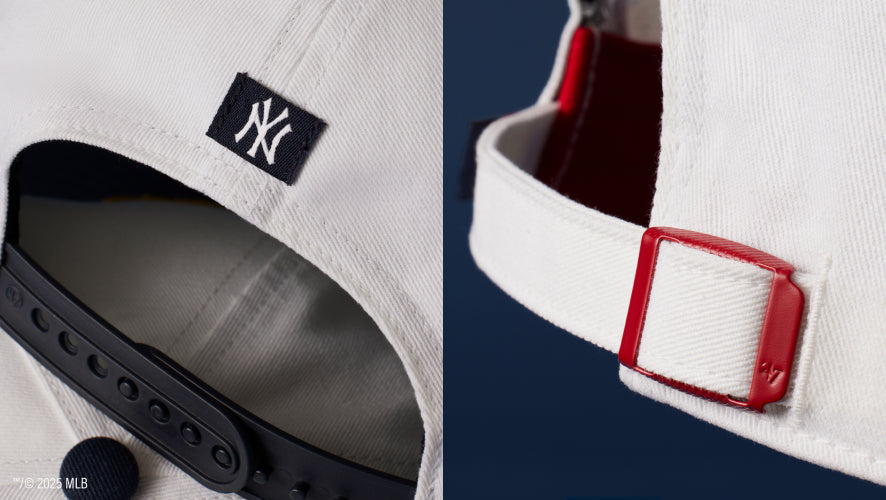 a detail image of the back of two hats- one had a small Yankees logo and a black snack back closure and other has an adjustable strapback.