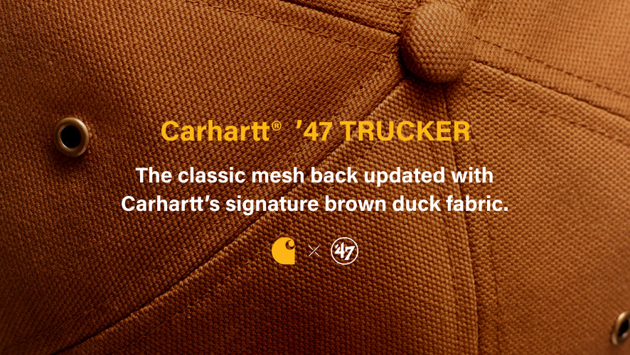 Carhartt '47 TRUCKER-the classic mesh back updated with Carhartt's signature brown duck fabric- the carhartt and '47 logo- detail image of the top of the hat