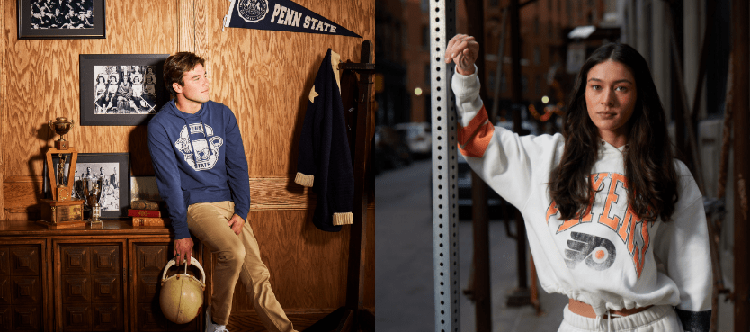 Split image of male model in a Penn State crewneck and female model in a Flyers cropped hoodie, styled in vintage-inspired scenes.