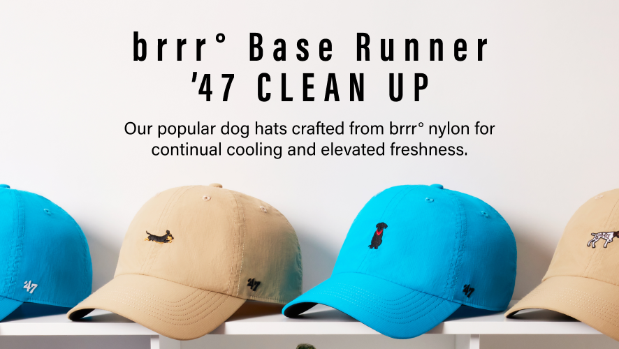 Dog hats labeled 'brrr° Base Runner '47 Clean Up' on a white background COOLING DOG HATS. brrr Base Runner '47 CLEAN UP. Our popular dog hats, now crafted for continual cooling and elevated freshness. FIND YOUR BREED.