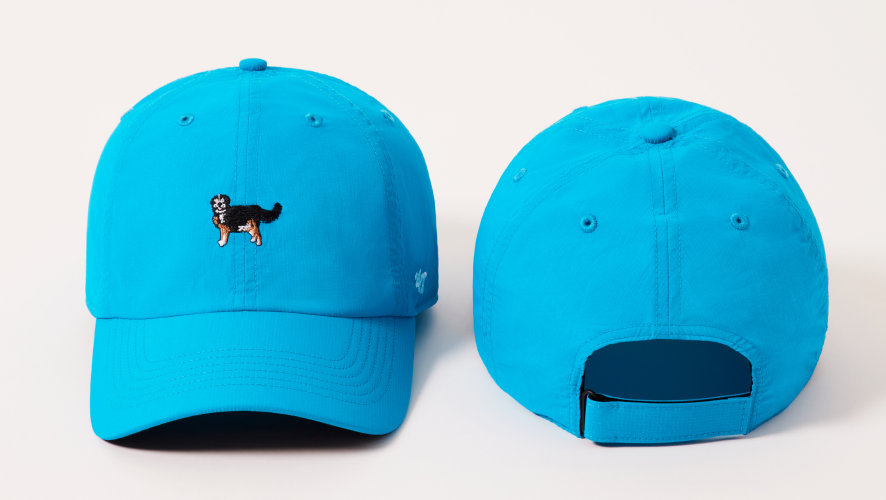 Blue baseball cap with a dog emblem on the front, shown from front and back views.