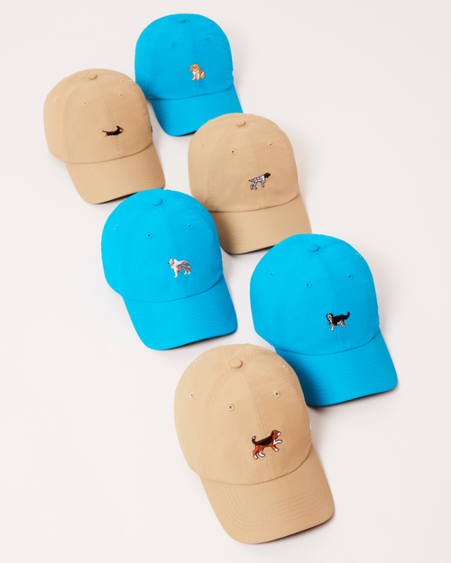 Two pairs of blue and beige baseball caps with embroidered dog designs on a white background.