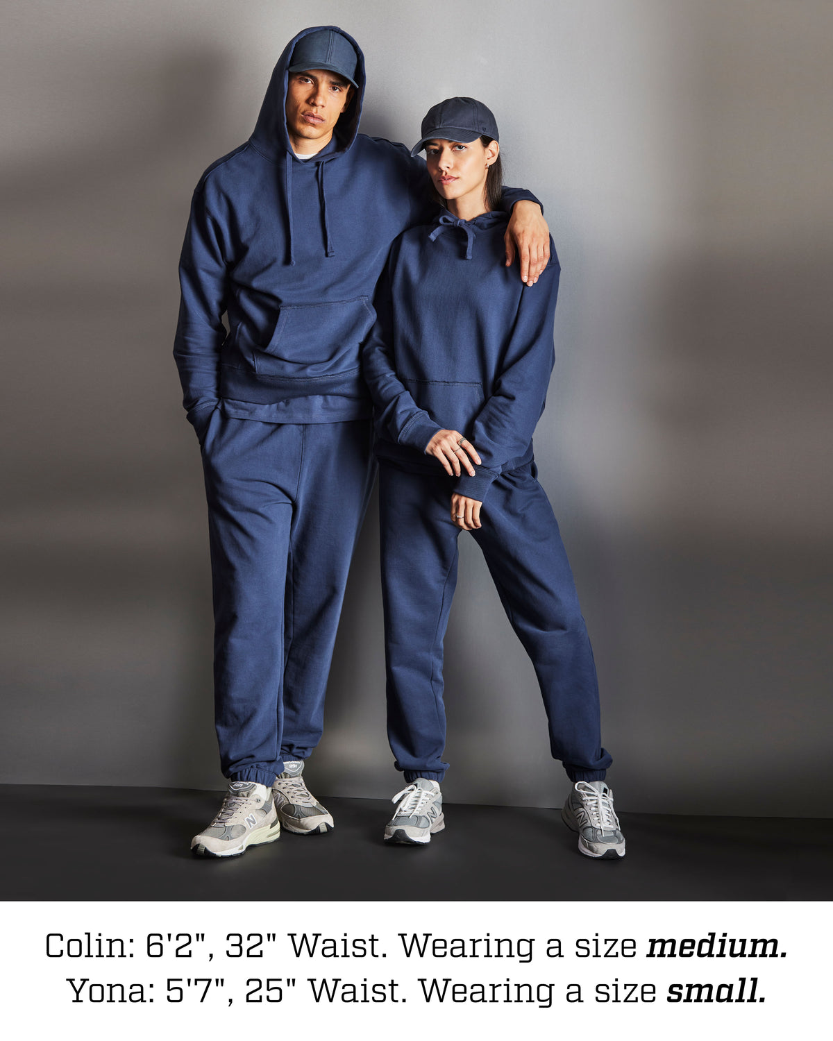 Colin: 6' 2", 32" Waist. Wearing a size medium. Yona: 5'7", 25" Waist. Wearing a size small.