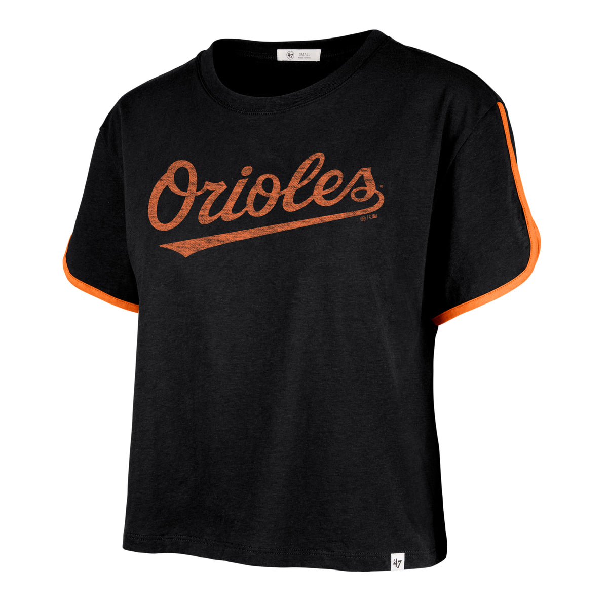BALTIMORE ORIOLES PREMIER WORDMARK '47 DOLPHIN HEM CROP WOMENS