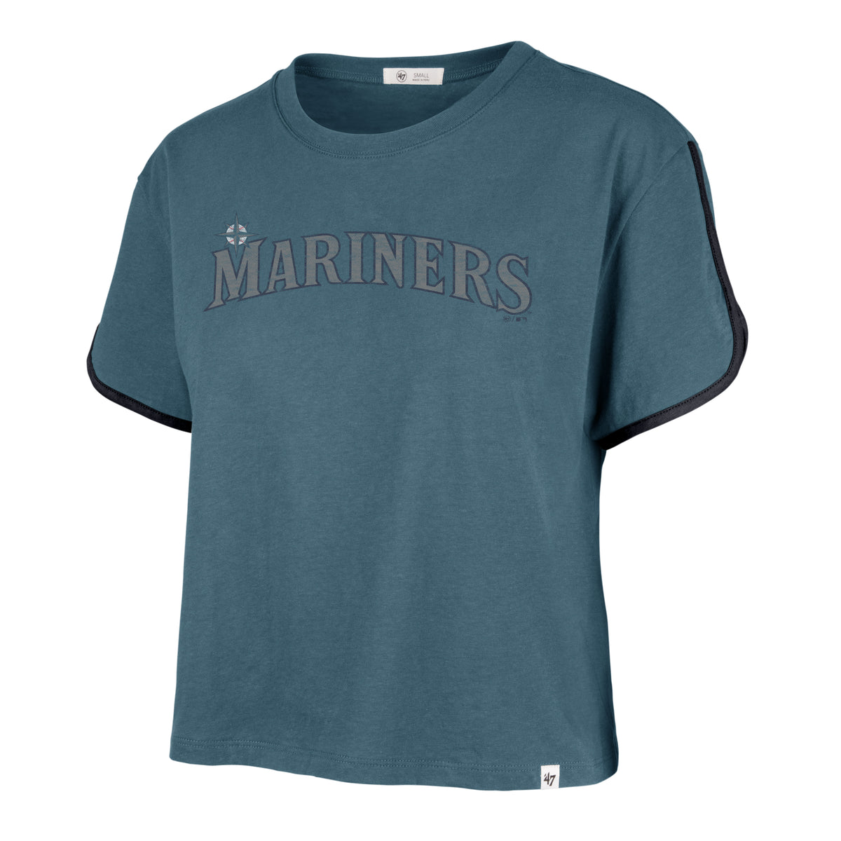 SEATTLE MARINERS PREMIER WORDMARK '47 DOLPHIN HEM CROP WOMENS