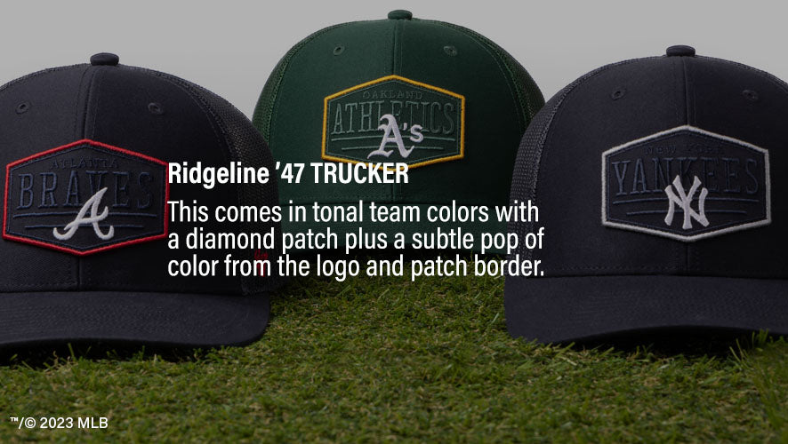 Ridgeline '47 Trucker. This comes in tonal team colors with a diamond patch plus a subtle pop of color from the logo and patch border.