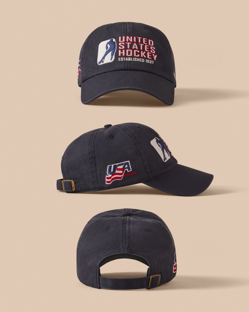Three views of a navy blue cap with USA Hockey logo on a beige background