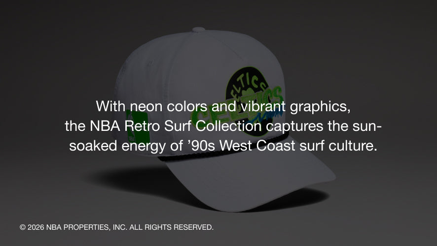 NBA Retro Surf Collection cap with text on a dark background- with neon colors and vibrant graphics the nba retro surf collection captures the sun soaked energy of 90s west coast surf culture