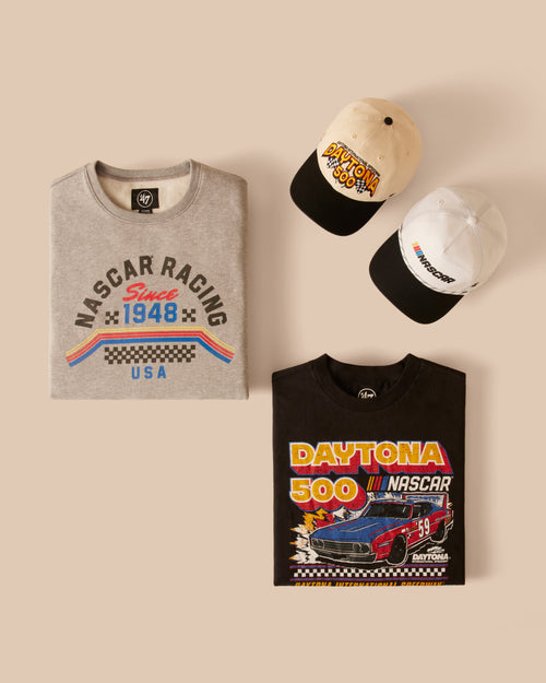 NASCAR-themed clothing and accessories on a beige background