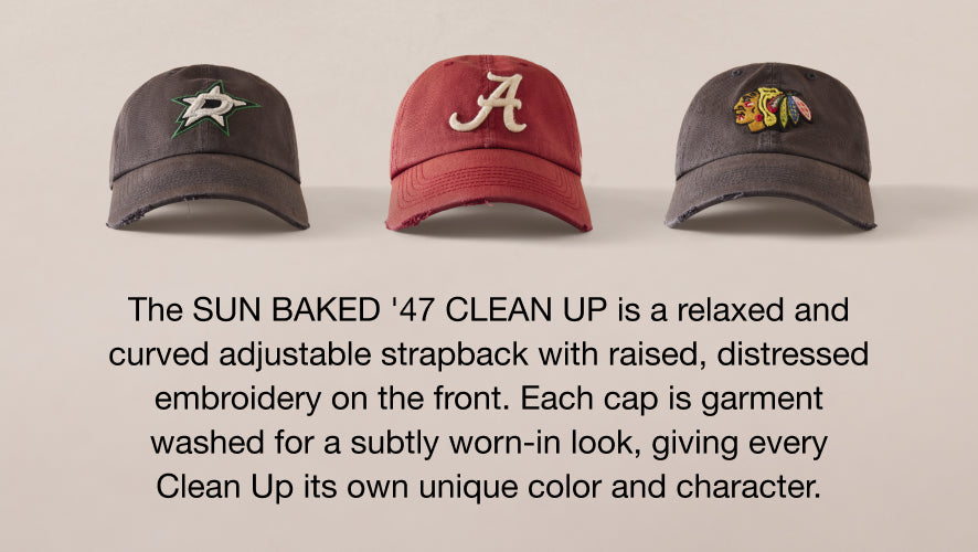 Three caps with embroidered logos on a beige background, featuring text about the 'SUN BAKED '47 CLEAN UP' cap style.
