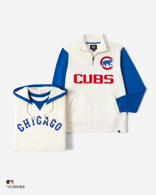 Chicago Cubs-themed sweatshirt with blue and red accents on a white background
