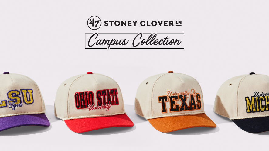 Four baseball caps from the Stoney Clover Lane Campus Collection on a white background.