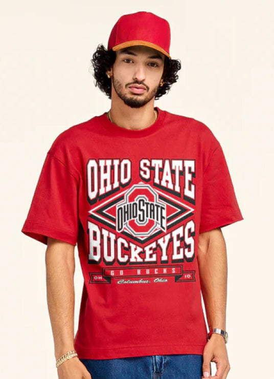 Person wearing a red Ohio State Buckeyes t-shirt and cap on a beige background