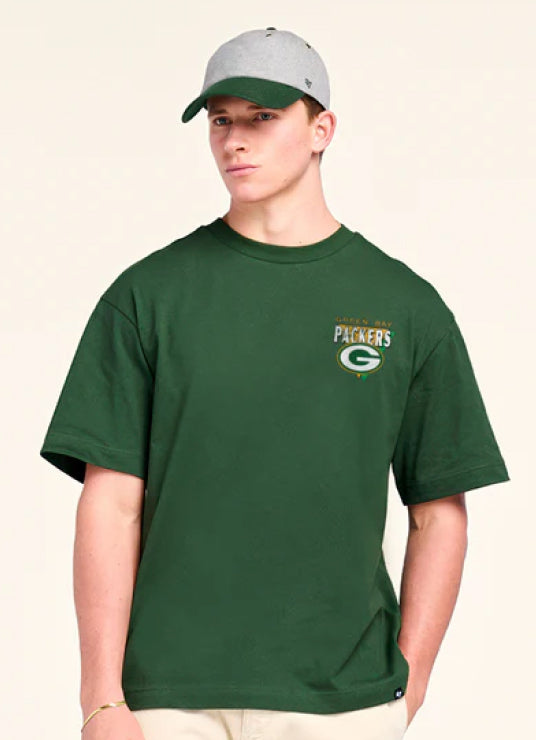 Person wearing a green t-shirt with a logo and a cap on a beige background