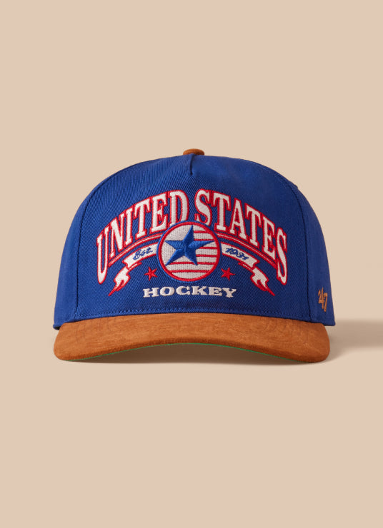 Blue and brown cap with 'United States Hockey' text on a beige background
