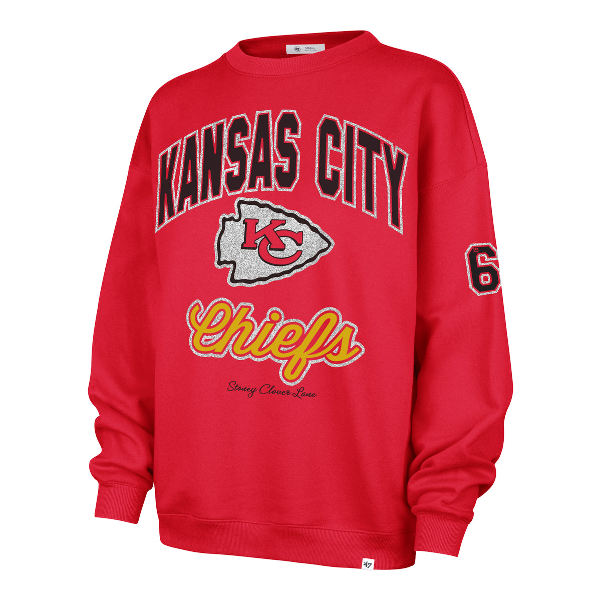 KANSAS CITY CHIEFS STONEY CLOVER LANE X '47 OVERSIZED GLITTER ARCH CREW WOMENS