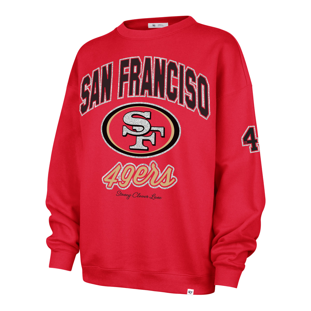 SAN FRANCISCO 49ERS STONEY CLOVER LANE X '47 OVERSIZED GLITTER ARCH CREW WOMENS