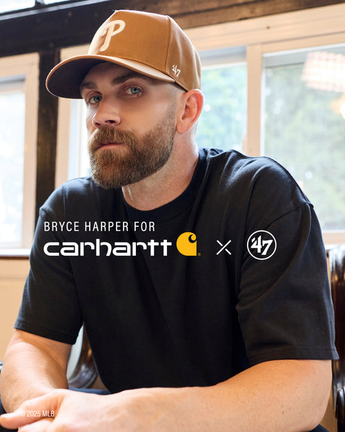Bryce Harper wearing a brown cap with a visible '47 brand  logo. BRYCE HARPER FOR CARHARTT X 47. ]