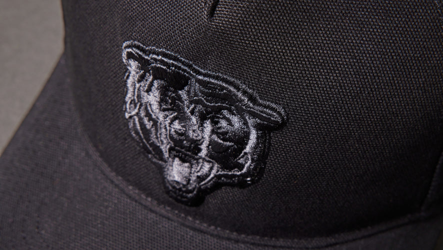 Black cap with a panther logo on a gray background