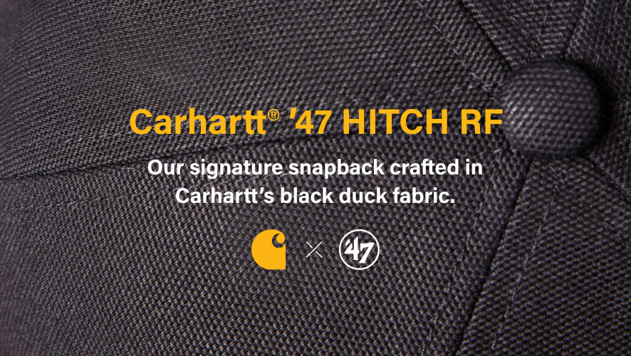 Carhartt '47 Hitch RF cap with black duck fabric and brand logos. CARHARTT '47 HITCH RF- OUR SIGNATURE SNAPBACK CRAFTED IN CARHARTTS BLACK DUCK FABRIC 