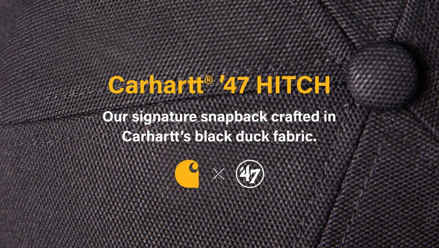 Carhartt '47 Hitch cap with black duck fabric and brand logos. CARHARTT '47 HITCH OUR SIGNATURE SNAPBACK CRAFTED IN CARHARTTS BLACK DUCK FABRIC