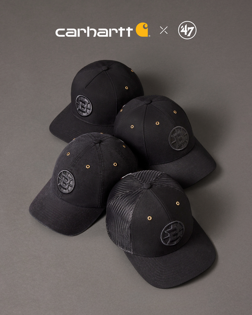 Four black baseball caps with a logo on a gray background, featuring Carhartt and 47 brands.