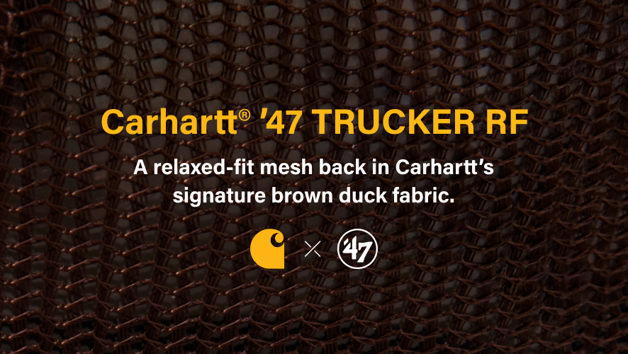 Carhartt '47 Trucker RF advertisement with brown duck fabric texture