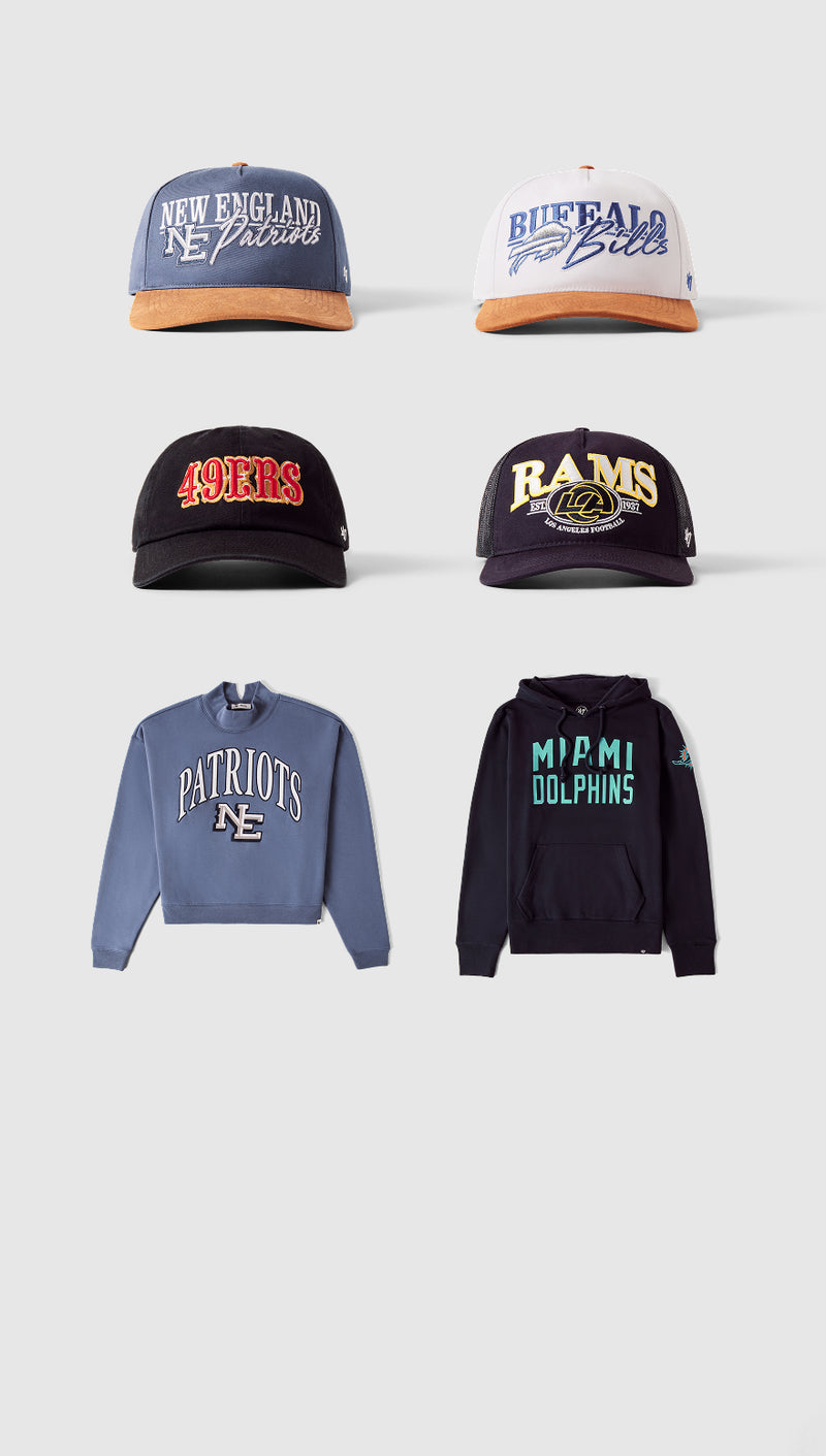 Six headwear & apparel items arranged in a 3-by-2 grid on a light gray background: two baseball caps, two hoodies, and two sweatshirts. The caps read New England Patriots, Buffalo Bills, Los Angeles Rams, and Miami Dolphins; the sweatshirts and hoodies feature team names and logos.