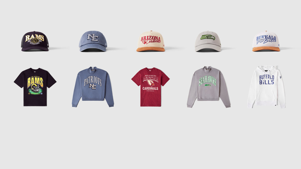 A collection of 10 headwear & apparel items arranged in two rows on a light gray background. The top row features five baseball caps, and the bottom row features five long-sleeve t-shirts in various colors including navy, blue, red, gray, and white.