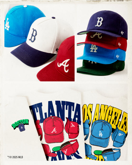 Collection of baseball caps with team logos and text on a white background
