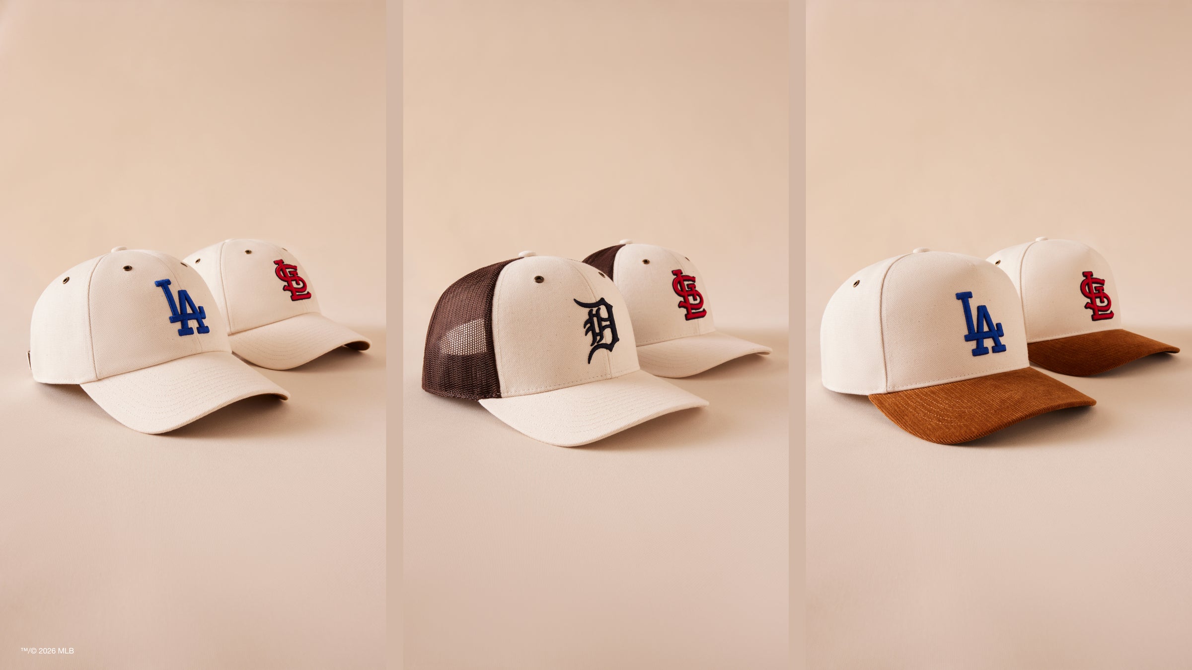 Three pairs of baseball caps with different team logos on a beige background