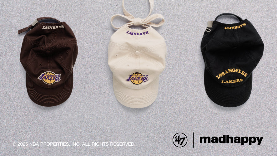 Three Los Angeles Lakers caps in brown, beige, and black on a gray background with '47' and 'madhappy' logos. MADHAPPY- In partnership with Madhappy, a new '47 clean up capsule for the Los Angeles Lakers.