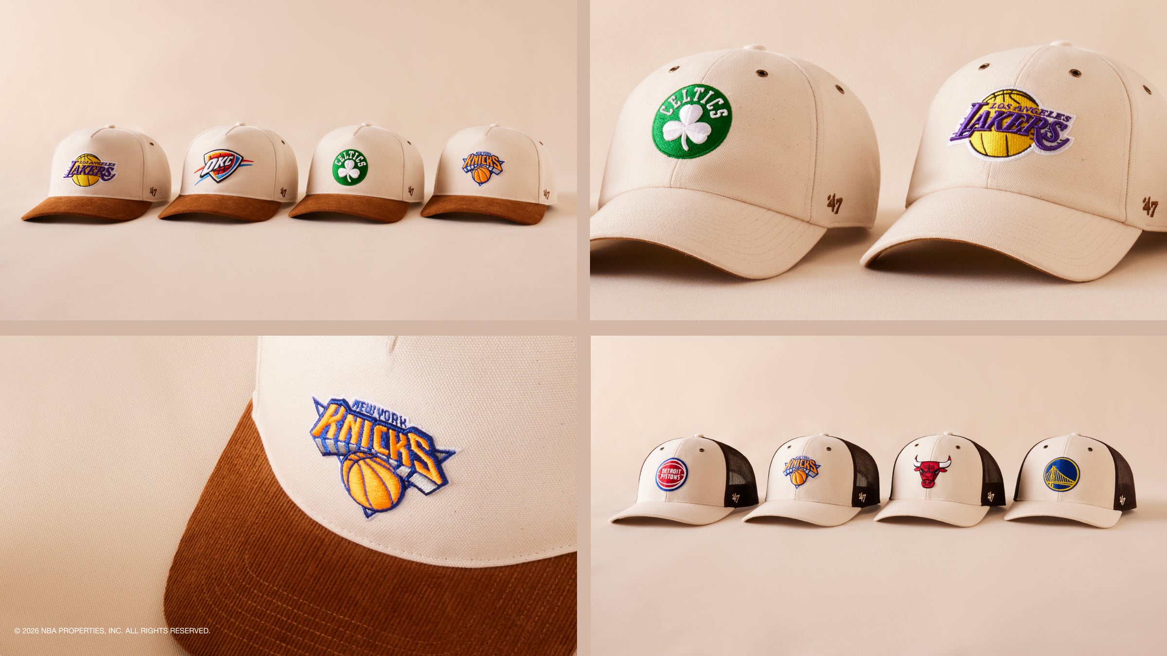 Collection of sports team logo caps displayed on a white wall.