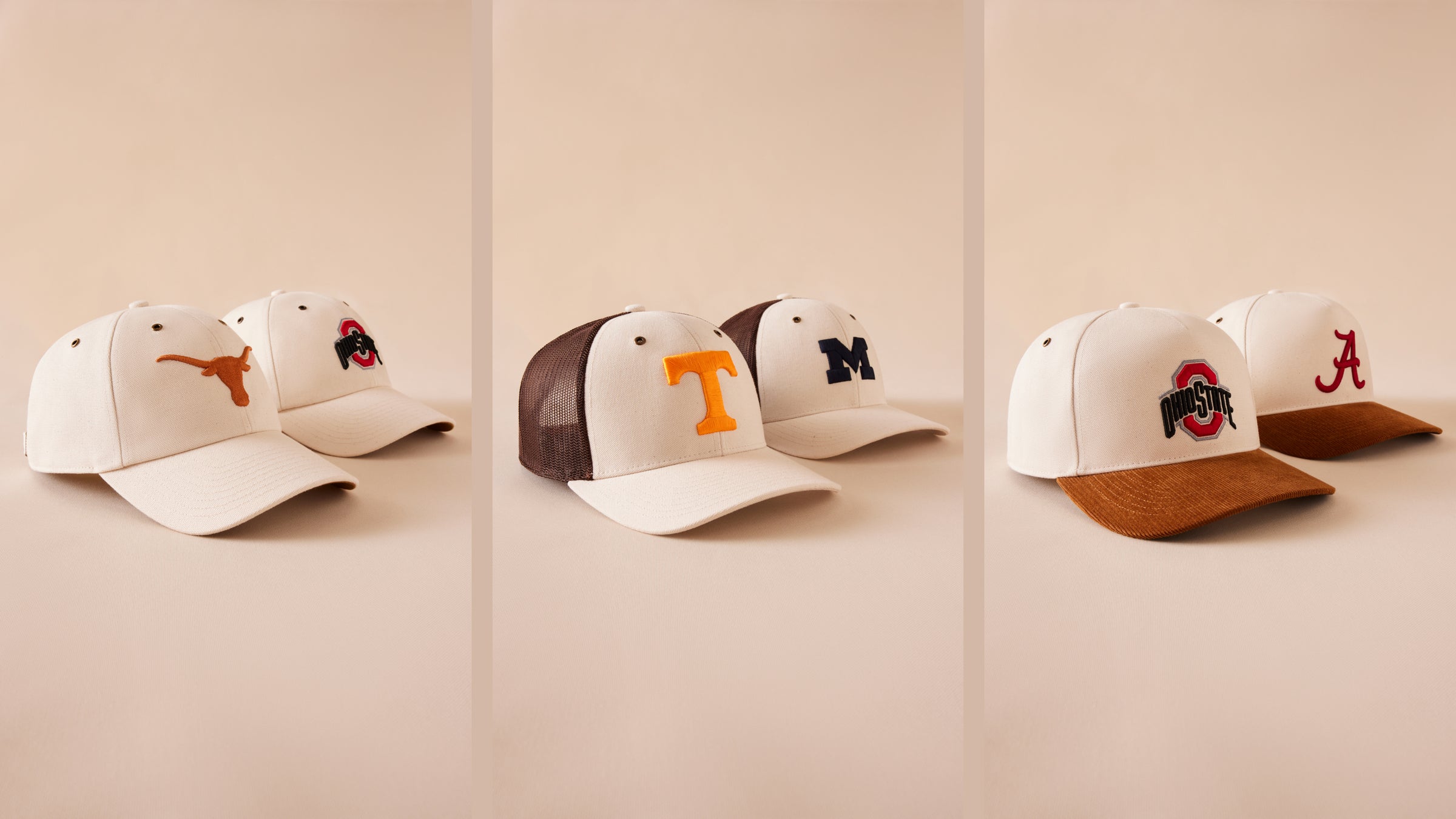 Three pairs of baseball caps with different logos on a beige background