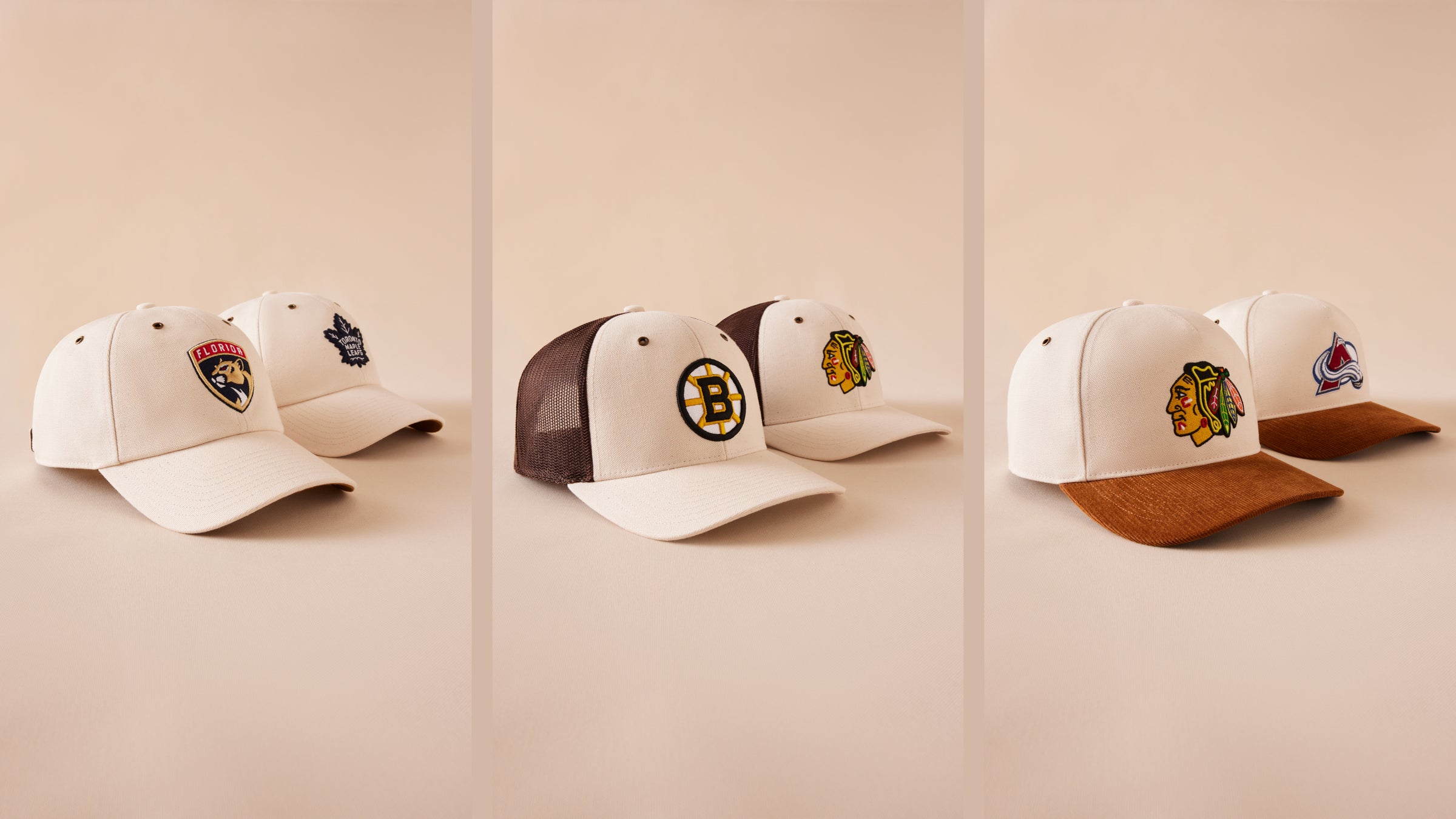 Three pairs of baseball caps with different logos on a beige background